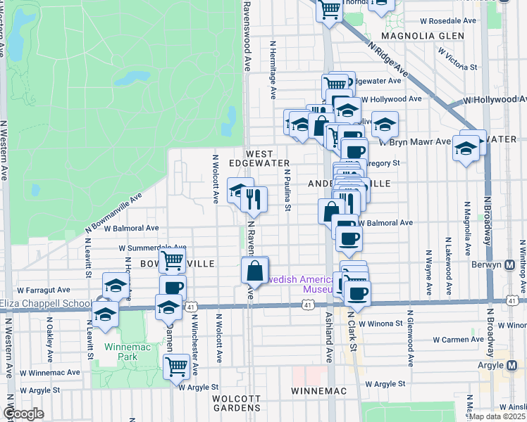 map of restaurants, bars, coffee shops, grocery stores, and more near 1733 West Rascher Avenue in Chicago