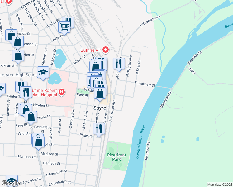 map of restaurants, bars, coffee shops, grocery stores, and more near 143 South Thomas Avenue in Sayre