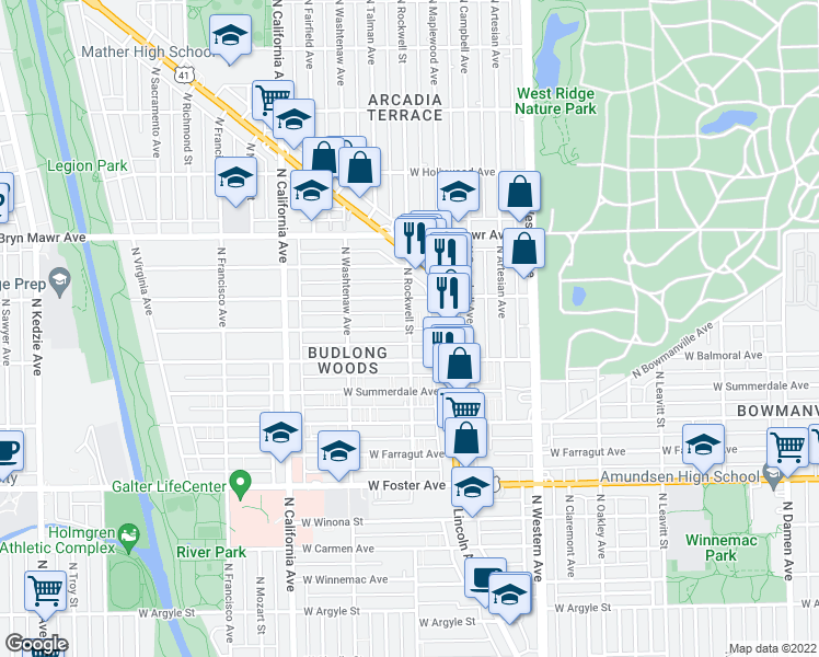 map of restaurants, bars, coffee shops, grocery stores, and more near N Rockwell St & W Rascher Ave in Chicago