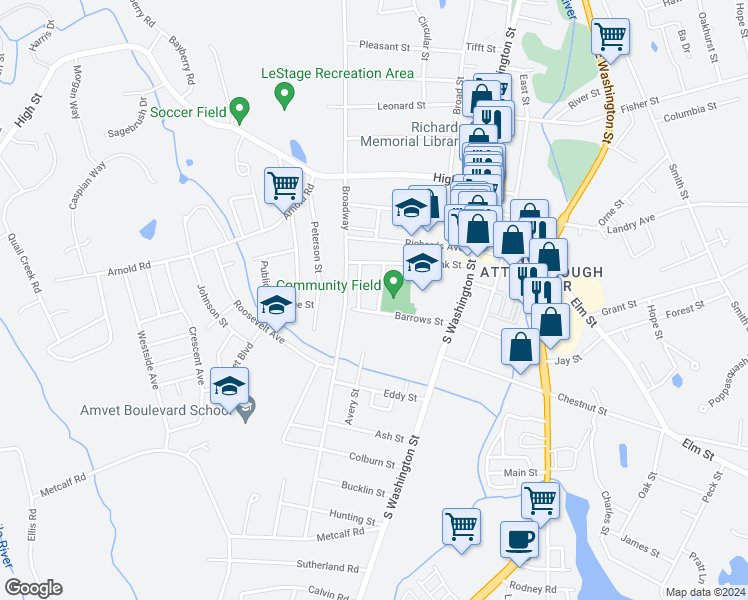map of restaurants, bars, coffee shops, grocery stores, and more near 10 Ralph Street in North Attleborough