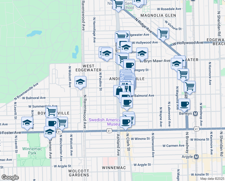 map of restaurants, bars, coffee shops, grocery stores, and more near 1617 West Rascher Avenue in Chicago