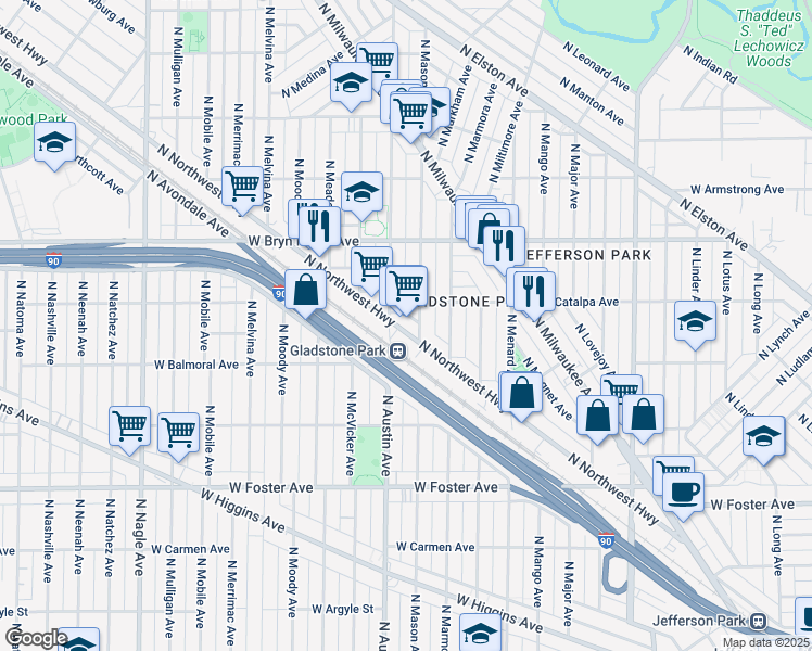 map of restaurants, bars, coffee shops, grocery stores, and more near 5472 North Northwest Highway in Chicago