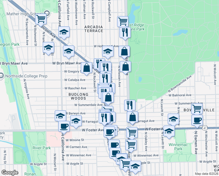 map of restaurants, bars, coffee shops, grocery stores, and more near 5430 North Campbell Avenue in Chicago