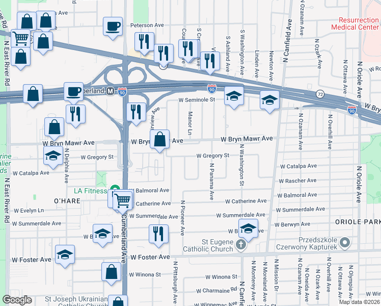 map of restaurants, bars, coffee shops, grocery stores, and more near 8146 West Gregory Street in Chicago