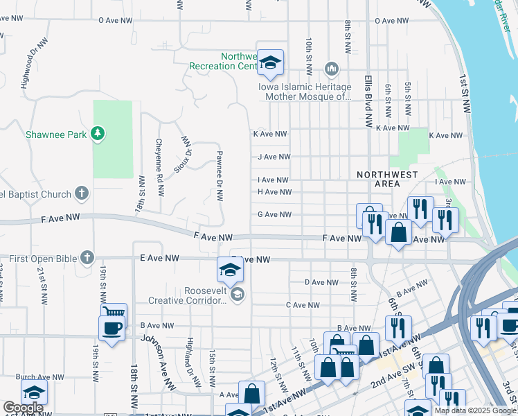 map of restaurants, bars, coffee shops, grocery stores, and more near 1068 G Avenue Northwest in Cedar Rapids