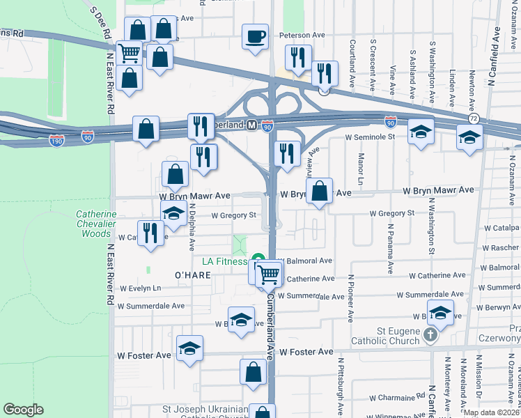 map of restaurants, bars, coffee shops, grocery stores, and more near 8412 West Gregory Street in Chicago