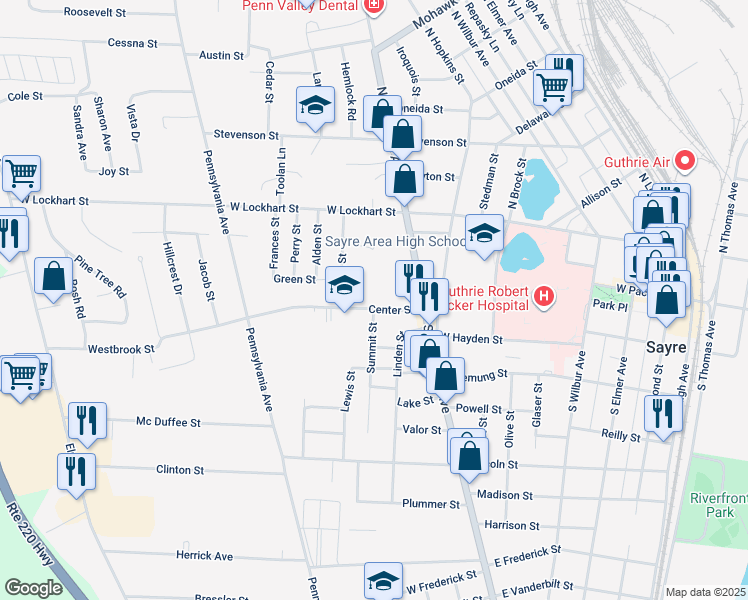 map of restaurants, bars, coffee shops, grocery stores, and more near 130-140 Center Street in Sayre