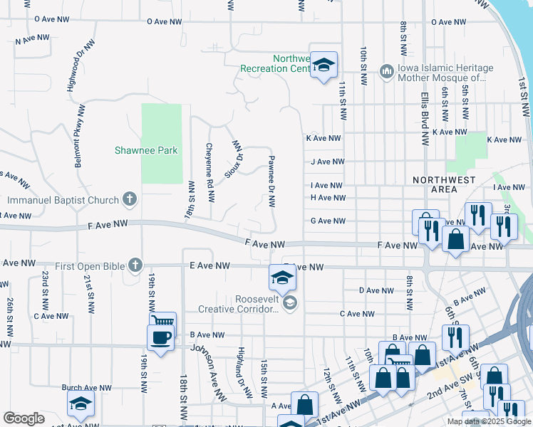 map of restaurants, bars, coffee shops, grocery stores, and more near 1525 Cherokee Drive Northwest in Cedar Rapids