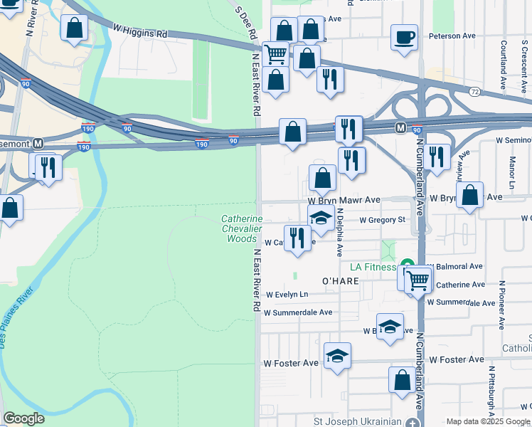 map of restaurants, bars, coffee shops, grocery stores, and more near 8747 West Bryn Mawr Avenue in Chicago