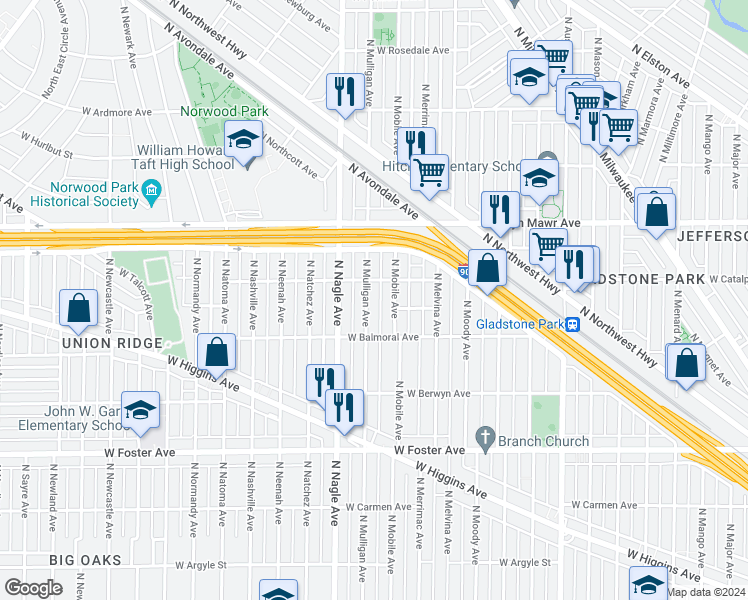 map of restaurants, bars, coffee shops, grocery stores, and more near 5441 North Mulligan Avenue in Chicago