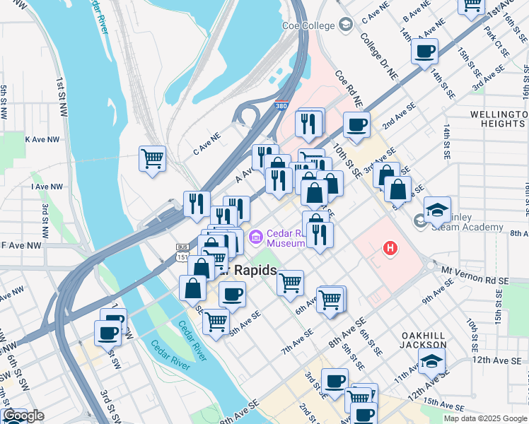 map of restaurants, bars, coffee shops, grocery stores, and more near in Cedar Rapids