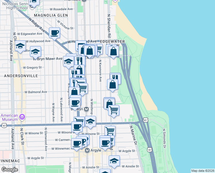 map of restaurants, bars, coffee shops, grocery stores, and more near 5420 North Sheridan Road in Chicago