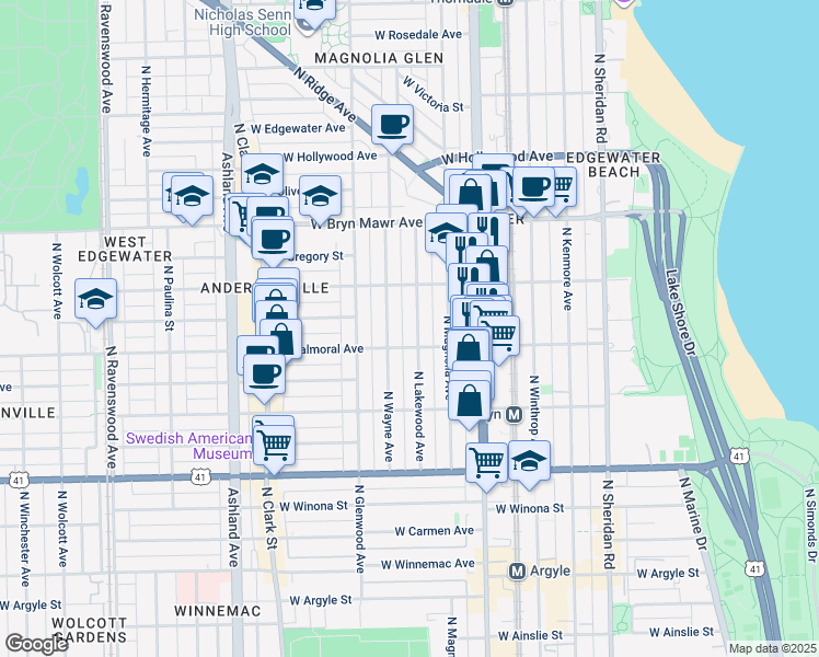 map of restaurants, bars, coffee shops, grocery stores, and more near 5414 North Lakewood Avenue in Chicago