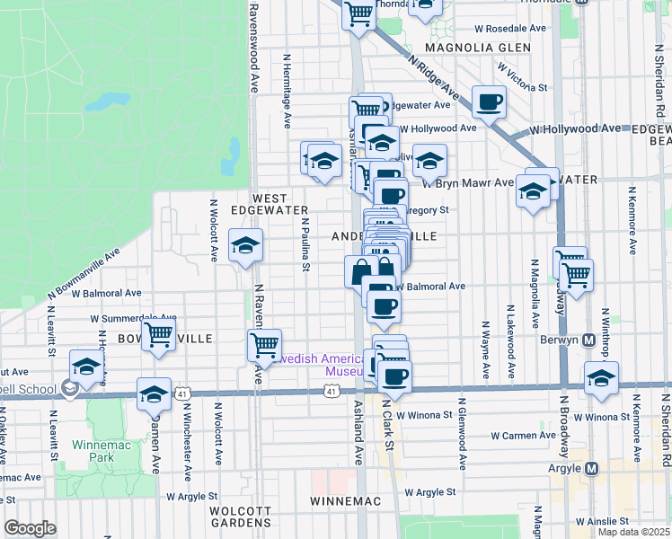 map of restaurants, bars, coffee shops, grocery stores, and more near 1625 West Rascher Avenue in Chicago