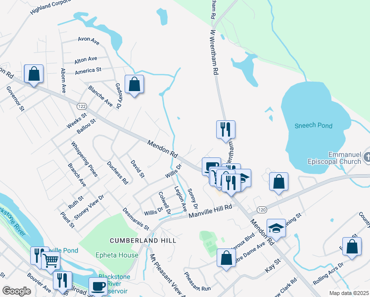 map of restaurants, bars, coffee shops, grocery stores, and more near 50 Hazebrouck Street in Cumberland