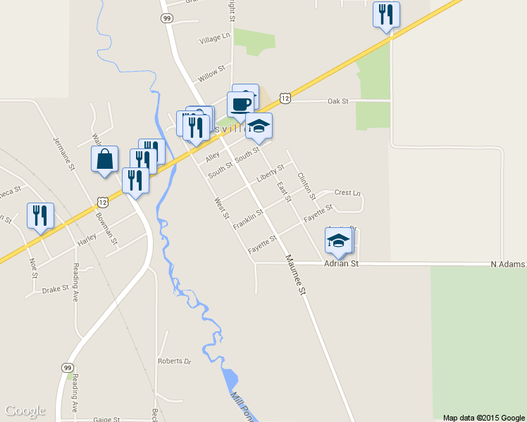 map of restaurants, bars, coffee shops, grocery stores, and more near 403 Maumee Street in Jonesville