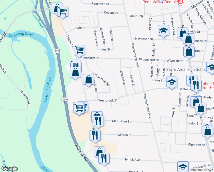 map of restaurants, bars, coffee shops, grocery stores, and more near 128 Pine Tree Road in Sayre