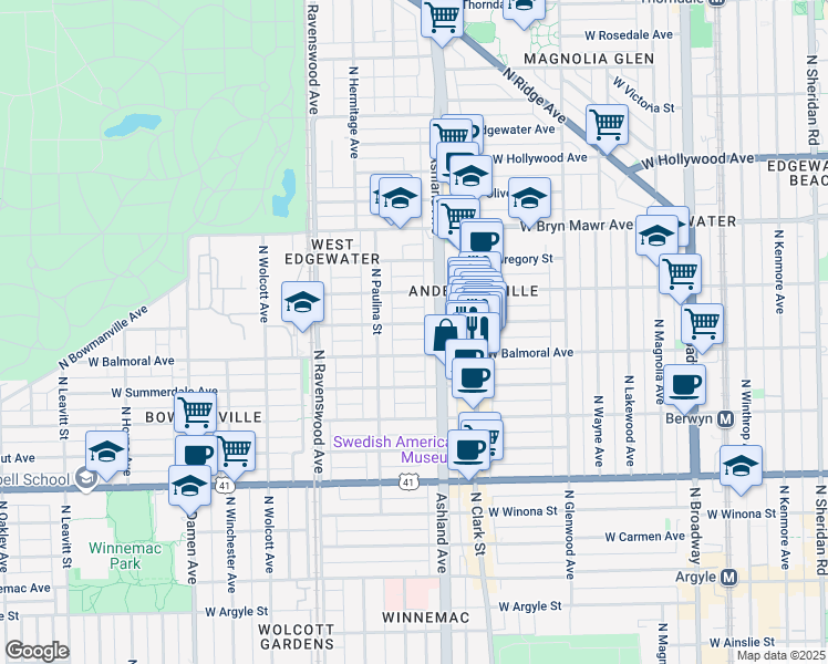 map of restaurants, bars, coffee shops, grocery stores, and more near 1625 West Rascher Avenue in Chicago