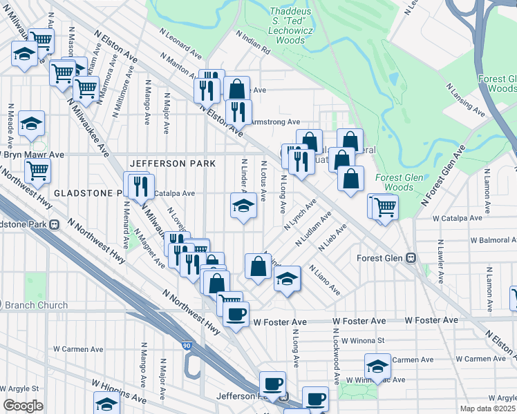 map of restaurants, bars, coffee shops, grocery stores, and more near 5438 North Lotus Avenue in Chicago