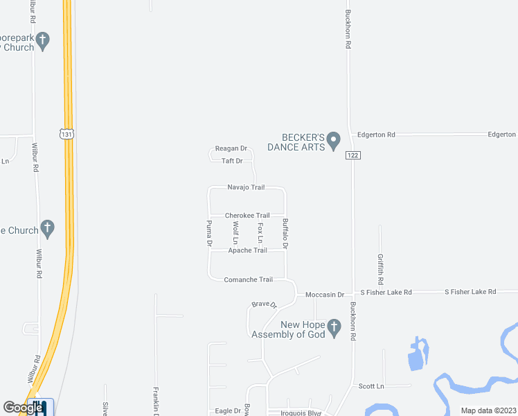 map of restaurants, bars, coffee shops, grocery stores, and more near 17202 Cherokee Trail in Three Rivers