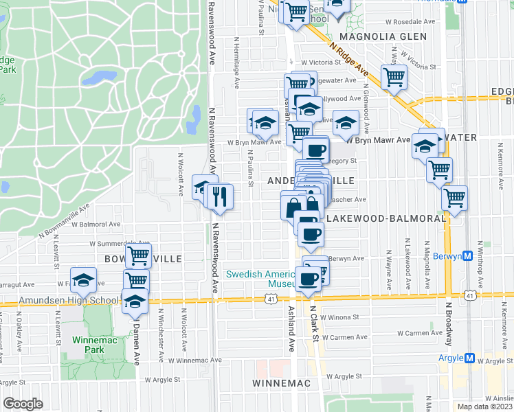 map of restaurants, bars, coffee shops, grocery stores, and more near 5425 North Paulina Street in Chicago
