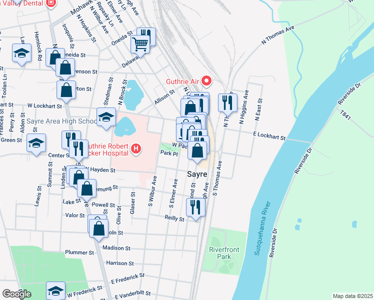 map of restaurants, bars, coffee shops, grocery stores, and more near 121 West Packer Avenue in Sayre