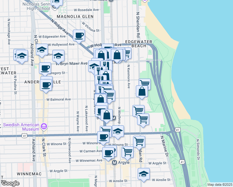 map of restaurants, bars, coffee shops, grocery stores, and more near 5416 North Winthrop Avenue in Chicago