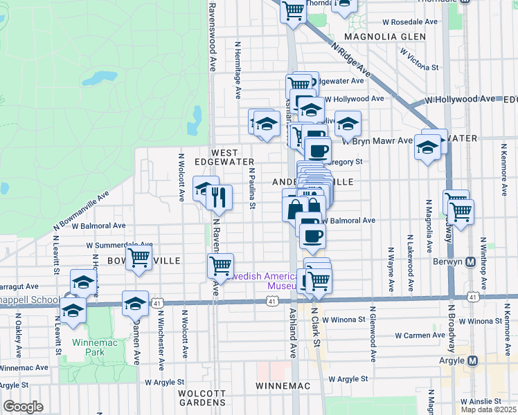 map of restaurants, bars, coffee shops, grocery stores, and more near 5425 North Paulina Street in Chicago
