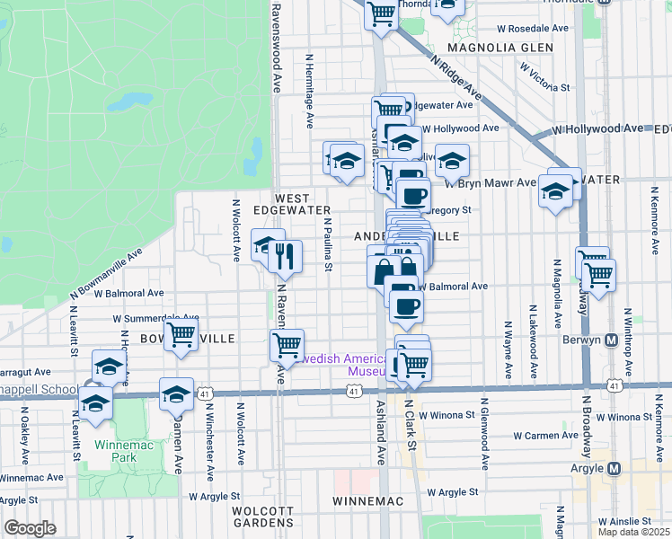 map of restaurants, bars, coffee shops, grocery stores, and more near 1647 West Rascher Avenue in Chicago