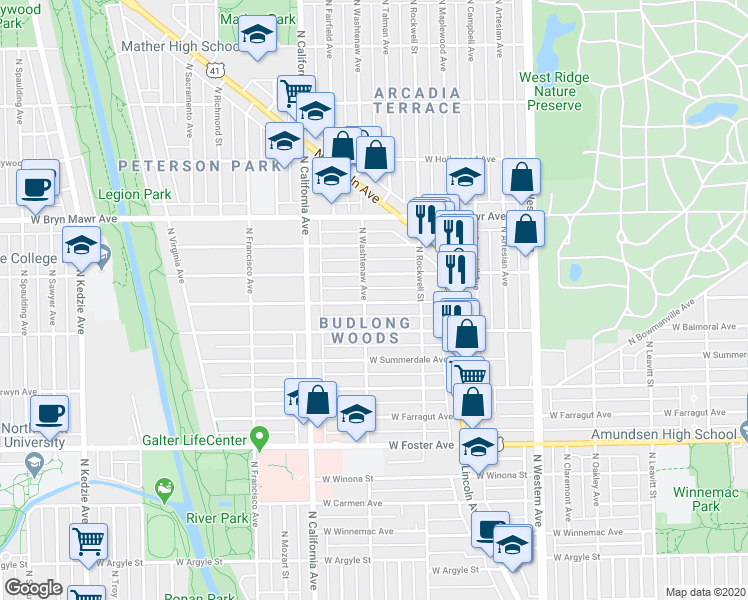 map of restaurants, bars, coffee shops, grocery stores, and more near 2646 West Rascher Avenue in Chicago