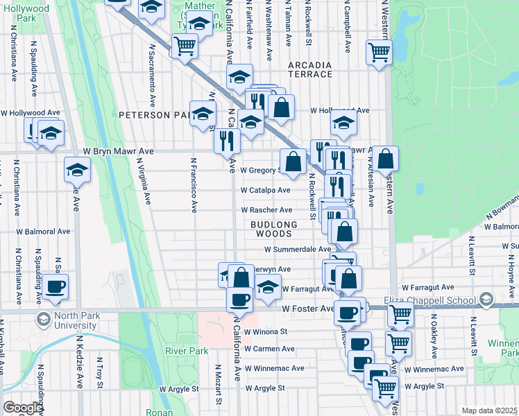 map of restaurants, bars, coffee shops, grocery stores, and more near 2720 West Rascher Avenue in Chicago