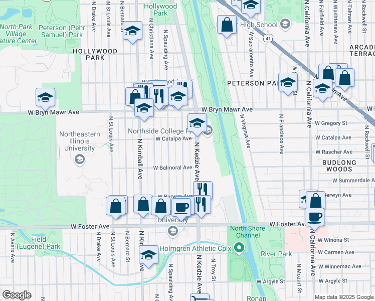 map of restaurants, bars, coffee shops, grocery stores, and more near 5437 North Sawyer Avenue in Chicago