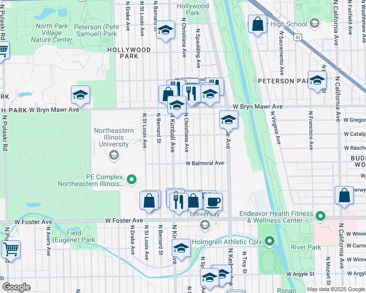 map of restaurants, bars, coffee shops, grocery stores, and more near 5436 North Christiana Avenue in Chicago