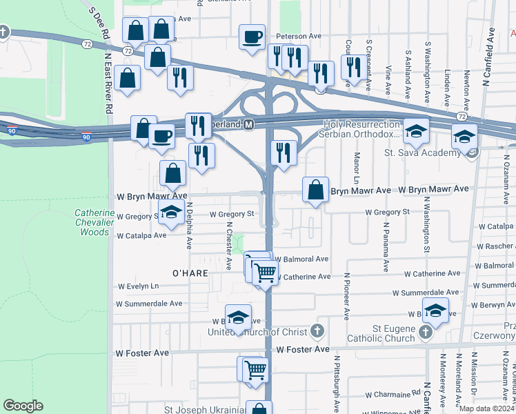 map of restaurants, bars, coffee shops, grocery stores, and more near 8412 West Bryn Mawr Avenue in Chicago