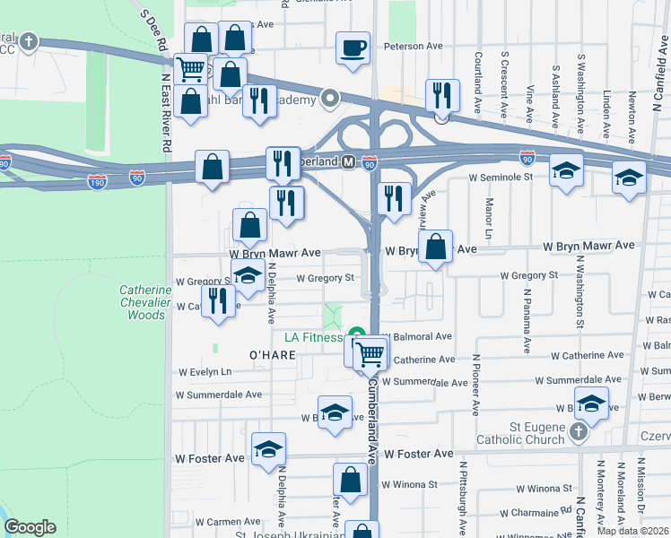 map of restaurants, bars, coffee shops, grocery stores, and more near 8444 West Gregory Street in Chicago