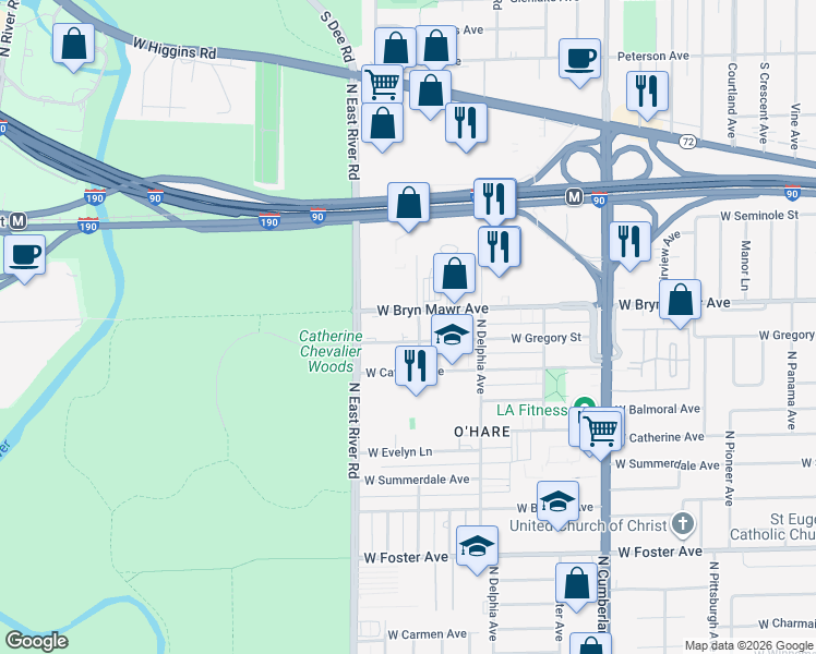 map of restaurants, bars, coffee shops, grocery stores, and more near 8711 West Bryn Mawr Avenue in Chicago