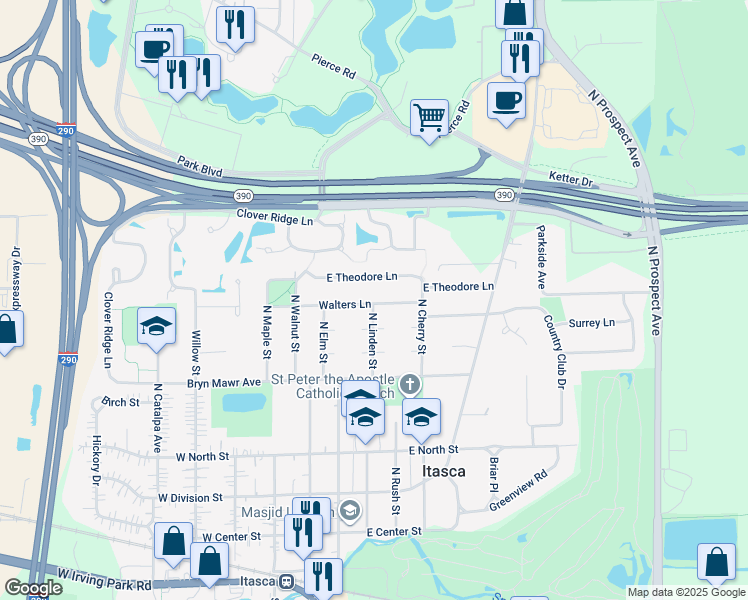 map of restaurants, bars, coffee shops, grocery stores, and more near 215 Walters Lane in Itasca