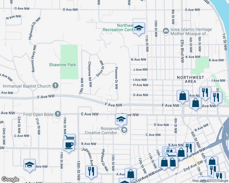 map of restaurants, bars, coffee shops, grocery stores, and more near 1525 Cherokee Drive Northwest in Cedar Rapids