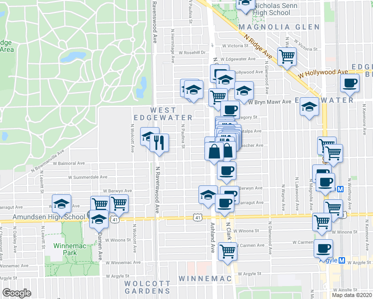 map of restaurants, bars, coffee shops, grocery stores, and more near 1647 West Rascher Avenue in Chicago