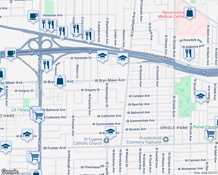map of restaurants, bars, coffee shops, grocery stores, and more near 7960 West Gregory Street in Chicago