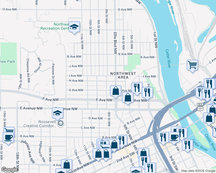 map of restaurants, bars, coffee shops, grocery stores, and more near 817 8th St NW in Cedar Rapids