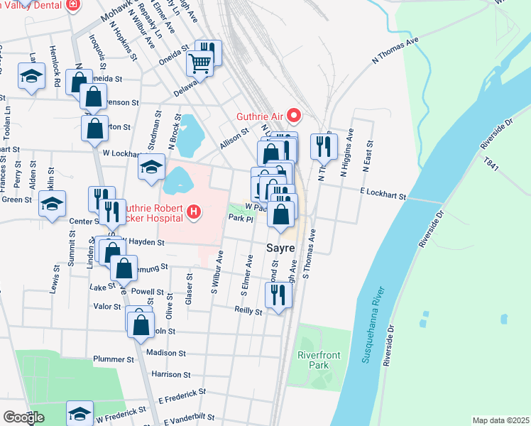 map of restaurants, bars, coffee shops, grocery stores, and more near 121 West Packer Avenue in Sayre