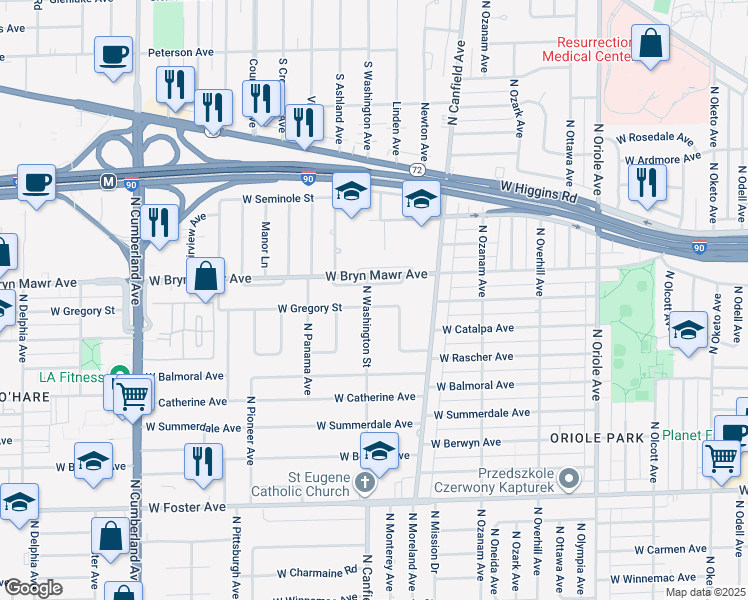 map of restaurants, bars, coffee shops, grocery stores, and more near 7960 West Gregory Street in Chicago