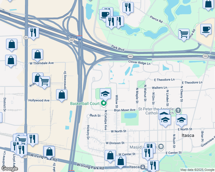 map of restaurants, bars, coffee shops, grocery stores, and more near 920 Willow Street in Itasca