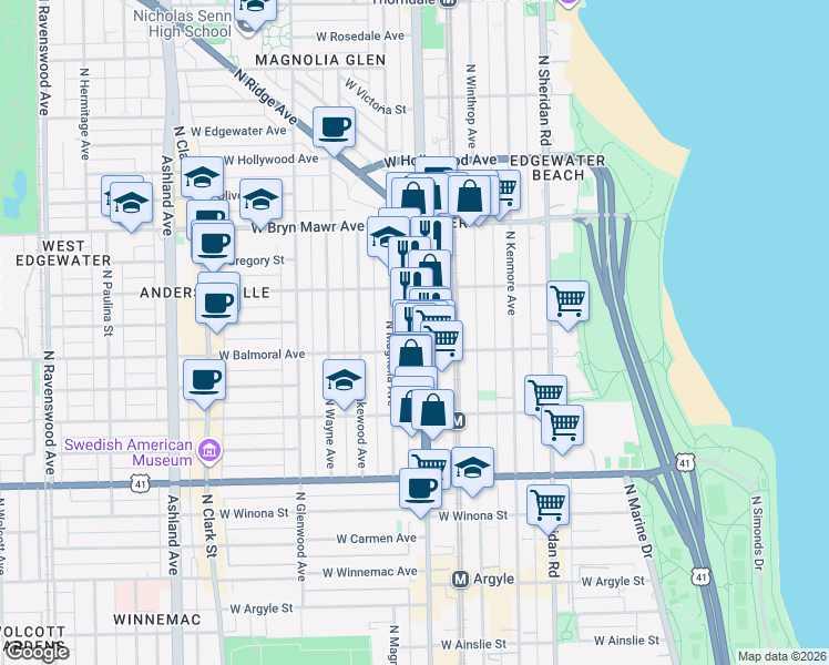 map of restaurants, bars, coffee shops, grocery stores, and more near 5414 North Broadway in Chicago