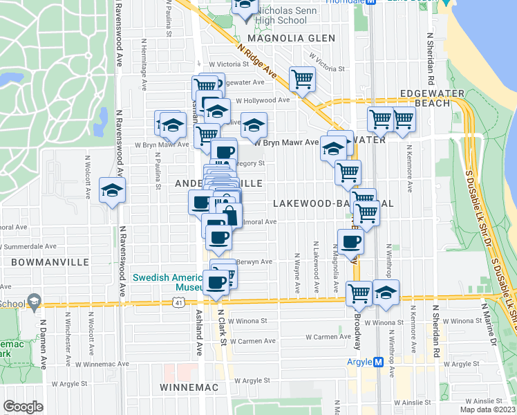 map of restaurants, bars, coffee shops, grocery stores, and more near 1429 West Rascher Avenue in Chicago