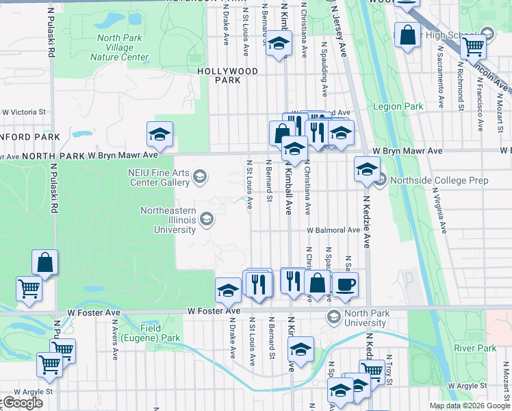 map of restaurants, bars, coffee shops, grocery stores, and more near 5438 North Bernard Street in Chicago