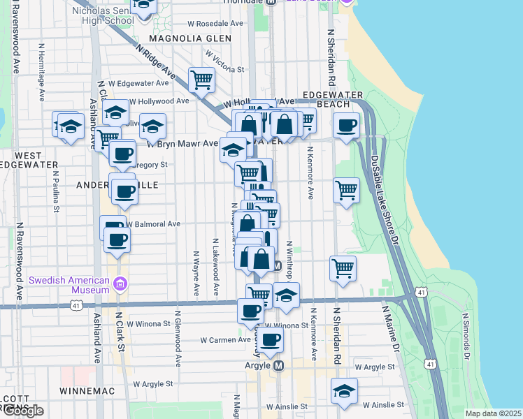 map of restaurants, bars, coffee shops, grocery stores, and more near 5411 North Broadway in Chicago