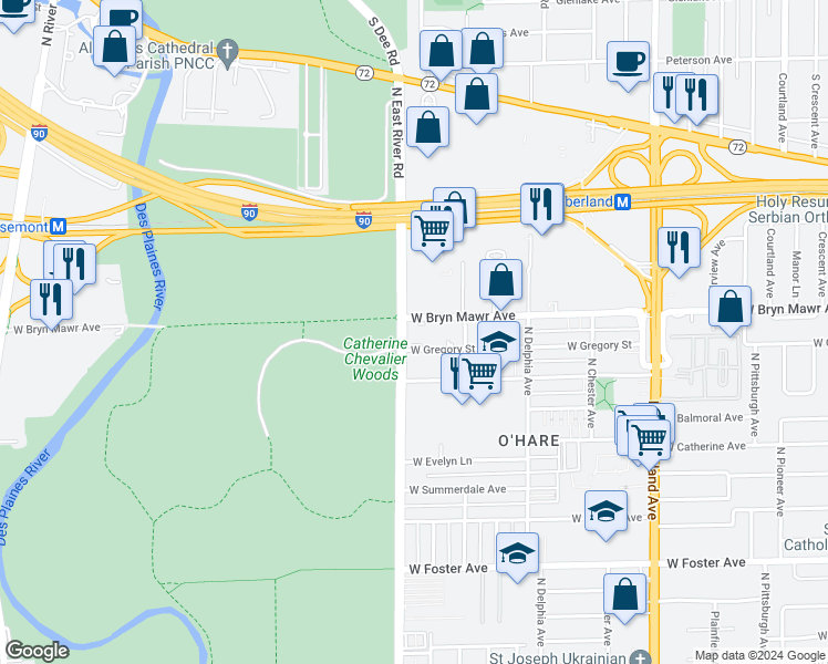 map of restaurants, bars, coffee shops, grocery stores, and more near 8751 West Bryn Mawr Avenue in Chicago