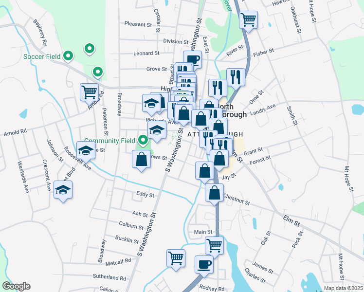 map of restaurants, bars, coffee shops, grocery stores, and more near 46 South Washington Street in North Attleborough
